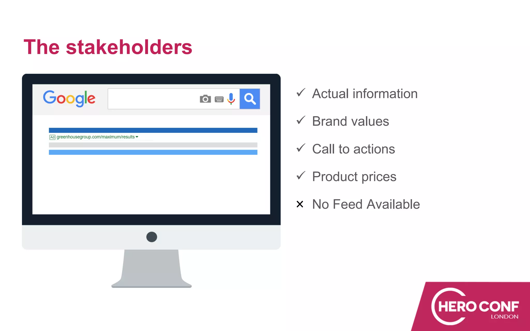 The stakeholders
✓ Actual information
✓ Brand values
✓ Call to actions
✓ Product prices
No Feed Available
 