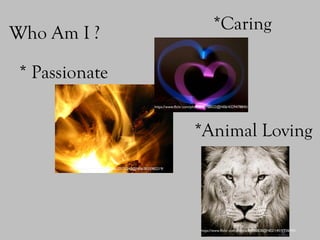 Who Am I ?
* Passionate
*Caring
https://www.flickr.com/photos/22120240@N06/3035982219/
https://www.flickr.com/photos/11768522@N06/4329478845/
*Animal Loving
https://www.flickr.com/photos/88888828@N02/14511736990/
 