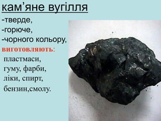 кам’яне вугілля
-тверде,
-горюче,
-чорного кольору,
виготовляють:
пластмаси,
гуму, фарби,
ліки, спирт,
бензин,смолу.
 