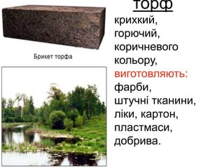 торф
крихкий,
горючий,
коричневого
кольору,
виготовляють:
фарби,
штучні тканини,
ліки, картон,
пластмаси,
добрива.
 