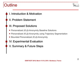 2
Outline
I. Introduction & Motivation
II. Problem Statement
III. Proposed Solutions
 Personalized (K,Δ)-Anonymity Baseli...