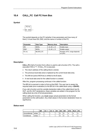 Program Control Instructions



10.4      CALL_FC Call FC from Box


Symbol

                   FC no.

                EN ENO




          The symbol depends on the FC (whether it has parameters and how many of
          them). It must have EN, ENO, and the name or number of the FC.


              Parameter         Data Type       Memory Area          Description
              EN                BOOL            I, Q, M, L, D        Enable input
              ENO               BOOL            I, Q, M, L, D        Enable output
              FC no.            BLOCK_FC        -                    Number of FC; range depends
                                                                     on CPU




Description
          CALL_FC (Call a Function from a Box) is used to call a function (FC). The call is
          executed if EN is "1". If CALL_FC is executed,
          • The return address of the calling block is stored,
          • The previous local data area is replaced by the current local data area,
          • The MA bit (active MCR bit) is shifted to the B stack,
          • A new local data area for the called function is created.
          After this, program processing continues in the called function.
          The BR bit is scanned in order to find out the ENO. The user has to assign the
          required state (error evaluation) to the BR bit in the called block using ---(SAVE).
          If you call a function and the variable declaration table of the called block has IN,
          OUT, and IN_OUT declarations, these variables are added in the program for the
          calling block as a list of formal parameters.
          When calling the function, you must assign actual parameters to the formal
          parameters at the call location. Any initial values in the function declaration have no
          significance.


Status word

                                       BR   CC 1     CC 0       OV   OS     OR      STA   RLO    /FC
              Unconditional: writes:   x    -        -          -    0      0       x     x      x
              Conditional:   writes:   -    -        -          -    0      0       x     x      x




                                                    Ladder Logic (LAD) for S7-300 and S7-400 Programming
10-6                                                                                     A5E00706949-01
 