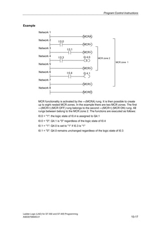 Program Control Instructions



Example

              Network 1
                                                         MCRA
              Network 2          I 0.0
                                                         MCR<
              Network 3                  I 0.1
                                                         MCR<
              Network 4          I 0.3                   Q 4.0     MCR zone 2
                                                          S
                                                                                  MCR zone 1
              Network 5
                                                         MCR>
              Network 6                  I 0.4           Q 4.1

              Network 7
                                                         MCR>
              Network 8
                                                         MCRD


              MCR functionality is activated by the ---(MCRA) rung. It is then possible to create
              up to eight nested MCR zones. In the example there are two MCR zones. The first
              ---(MCR>) (MCR OFF) rung belongs to the second ---(MCR<) (MCR ON) rung. All
              rungs between belong to the MCR zone 2. The functions are executed as follows:
              I0.0 = "1": the logic state of I0.4 is assigned to Q4.1
              I0.0 = "0": Q4.1 is "0" regardless of the logic state of I0.4
              I0.1 = "1": Q4.0 is set to "1" if I0.3 is "1"
              I0.1 = "0": Q4.0 remains unchanged regardless of the logic state of I0.3




Ladder Logic (LAD) for S7-300 and S7-400 Programming
A5E00706949-01                                                                                 10-17
 