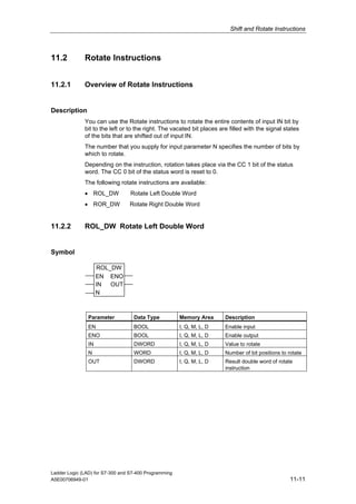 Shift and Rotate Instructions



11.2          Rotate Instructions


11.2.1        Overview of Rotate Instructions


Description
              You can use the Rotate instructions to rotate the entire contents of input IN bit by
              bit to the left or to the right. The vacated bit places are filled with the signal states
              of the bits that are shifted out of input IN.
              The number that you supply for input parameter N specifies the number of bits by
              which to rotate.
              Depending on the instruction, rotation takes place via the CC 1 bit of the status
              word. The CC 0 bit of the status word is reset to 0.
              The following rotate instructions are available:
              • ROL_DW            Rotate Left Double Word
              • ROR_DW           Rotate Right Double Word


11.2.2        ROL_DW Rotate Left Double Word


Symbol

                    ROL_DW
                    EN ENO
                    IN  OUT
                    N



               Parameter           Data Type           Memory Area      Description
               EN                  BOOL                I, Q, M, L, D    Enable input
               ENO                 BOOL                I, Q, M, L, D    Enable output
               IN                  DWORD               I, Q, M, L, D    Value to rotate
               N                   WORD                I, Q, M, L, D    Number of bit positions to rotate
               OUT                 DWORD               I, Q, M, L, D    Result double word of rotate
                                                                        instruction




Ladder Logic (LAD) for S7-300 and S7-400 Programming
A5E00706949-01                                                                                      11-11
 