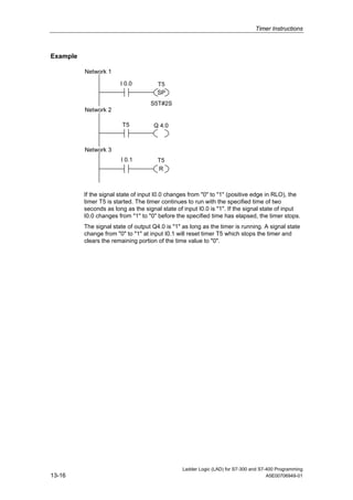 Timer Instructions



Example

          Network 1

                        I 0.0          T5
                                       SP
                                    S5T#2S
          Network 2

                         T5          Q 4.0



          Network 3
                        I 0.1          T5
                                       R



          If the signal state of input I0.0 changes from "0" to "1" (positive edge in RLO), the
          timer T5 is started. The timer continues to run with the specified time of two
          seconds as long as the signal state of input I0.0 is "1". If the signal state of input
          I0.0 changes from "1" to "0" before the specified time has elapsed, the timer stops.
          The signal state of output Q4.0 is "1" as long as the timer is running. A signal state
          change from "0" to "1" at input I0.1 will reset timer T5 which stops the timer and
          clears the remaining portion of the time value to "0".




                                                 Ladder Logic (LAD) for S7-300 and S7-400 Programming
13-16                                                                                 A5E00706949-01
 