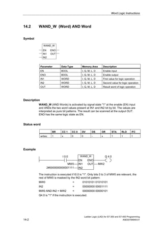 Word Logic Instructions



14.2      WAND_W (Word) AND Word


Symbol

                 WAND_W
                EN      ENO
                IN1     OUT
                IN2


              Parameter       Data Type         Memory Area             Description
              EN              BOOL              I, Q, M, L, D           Enable input
              ENO             BOOL              I, Q, M, L, D           Enable output
              IN1             WORD              I, Q, M, L, D           First value for logic operation
              IN2             WORD              I, Q, M, L, D           Second value for logic operation
              OUT             WORD              I, Q, M, L, D           Result word of logic operation




Description
          WAND_W (AND Words) is activated by signal state "1" at the enable (EN) input
          and ANDs the two word values present at IN1 and IN2 bit by bit. The values are
          interpreted as pure bit patterns. The result can be scanned at the output OUT.
          ENO has the same logic state as EN.


Status word

                         BR   CC 1     CC 0     OV         OS       OR           STA      RLO      /FC
              writes:    1    x        0        0          -        x            1       1         1




Example

                               I 0.0           WAND_W                    Q 4.0
                                              EN        ENO
                                  MW0         IN1       OUT     MW2
                    2#0000000000001111        IN2

          The instruction is executed if I0.0 is "1". Only bits 0 to 3 of MW0 are relevant, the
          rest of MW0 is masked by the IN2 word bit pattern:
          MW0                           =       01010101 01010101
          IN2                           =       00000000 00001111
          MW0 AND IN2 = MW2             =       00000000 00000101
          Q4.0 is "1" if the instruction is executed.




                                                    Ladder Logic (LAD) for S7-300 and S7-400 Programming
14-2                                                                                     A5E00706949-01
 