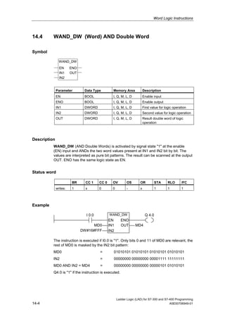 Word Logic Instructions



14.4      WAND_DW (Word) AND Double Word

Symbol

                WAND_DW
                EN      ENO
                IN1     OUT
                IN2


              Parameter        Data Type         Memory Area             Description
              EN               BOOL              I, Q, M, L, D           Enable input
              ENO              BOOL              I, Q, M, L, D           Enable output
              IN1              DWORD             I, Q, M, L, D           First value for logic operation
              IN2              DWORD             I, Q, M, L, D           Second value for logic operation
              OUT              DWORD             I, Q, M, L, D           Result double word of logic
                                                                         operation



Description
          WAND_DW (AND Double Words) is activated by signal state "1" at the enable
          (EN) input and ANDs the two word values present at IN1 and IN2 bit by bit. The
          values are interpreted as pure bit patterns. The result can be scanned at the output
          OUT. ENO has the same logic state as EN.


Status word

                         BR     CC 1    CC 0     OV         OS       OR           STA      RLO      /FC
              writes:    1      x       0        0          -        x            1       1         1



Example

                                I 0.0          WAND_DW                    Q 4.0
                                               EN       ENO
                                    MD0        IN1      OUT      MD4
                              DW#16#FFF        IN2

          The instruction is executed if I0.0 is "1". Only bits 0 and 11 of MD0 are relevant, the
          rest of MD0 is masked by the IN2 bit pattern:
          MD0                           =        01010101 01010101 01010101 01010101
          IN2                           =        00000000 00000000 00001111 11111111
          MD0 AND IN2 = MD4             =        00000000 00000000 00000101 01010101
          Q4.0 is "1" if the instruction is executed.




                                                     Ladder Logic (LAD) for S7-300 and S7-400 Programming
14-4                                                                                      A5E00706949-01
 