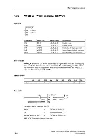 Word Logic Instructions



14.6      WXOR_W (Word) Exclusive OR Word


Symbol

                WXOR_W
                EN      ENO
                IN1     OUT
                IN2


              Parameter       Data Type          Memory Area            Description
              EN              BOOL               I, Q, M, L, D          Enable input
              ENO             BOOL               I, Q, M, L, D          Enable output
              IN1             WORD               I, Q, M, L, D          First value for logic operation
              IN2             WORD               I, Q, M, L, D          Second value for logic operation
              OUT             WORD               I, Q, M, L, D          Result word of logic operation




Description
          WXOR_W (Exclusive OR Word) is activated by signal state "1" at the enable (EN)
          input and XORs the two word values present at IN1 and IN2 bit by bit. The values
          are interpreted as pure bit patterns. The result can be scanned at the output OUT.
          ENO has the same logic state as EN.


Status word

                         BR   CC 1     CC 0     OV         OS       OR           STA      RLO      /FC
              writes:    1    x        0        0          -        x            1       1         1




Example

                               I 0.0           WXOR_W                    Q 4.0
                                              EN        ENO
                                  MW0         IN1       OUT      MW2
                    2#0000000000001111        IN2

          The instruction is executed if I0.0 is "1":
          MW0                           =        01010101 01010101
          IN2                           =        00000000 00001111
          MW0 XOR IN2 = MW2             =        01010101 01011010
          Q4.0 is "1" if the instruction is executed.




                                                    Ladder Logic (LAD) for S7-300 and S7-400 Programming
14-6                                                                                     A5E00706949-01
 