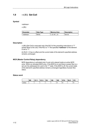 Bit Logic Instructions



1.9       ---( S ) Set Coil


Symbol
          <address>
          ---( S )


              Parameter            Data Type              Memory Area             Description
              <address>            BOOL                   I, Q, M, L, D           Set bit




Description
          ---( S ) (Set Coil) is executed only if the RLO of the preceding instructions is "1"
          (power flows to the coil). If the RLO is "1" the specified <address> of the element
          is set to "1".
          An RLO = 0 has no effect and the current state of the element's specified address
          remains unchanged.


MCR (Master Control Relay) dependency
          MCR dependency is activated only if a set coil is placed inside an active MCR
          zone. Within an activated MCR zone, if the MCR is on and there is power flow to a
          set coil; the addressed bit is set to the "1" state. If the MCR is off, the current state
          of the element's specified address remains unchanged regardless of power flow
          status.


Status word

                          BR   CC 1    CC 0     OV         OS       OR       STA       RLO      /FC
              writes:     -    -       -        -          -        0        X         -        0




                                                    Ladder Logic (LAD) for S7-300 and S7-400 Programming
1-12                                                                                     A5E00706949-01
 