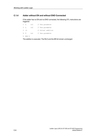 Working with Ladder Logic



C.1.4       Adder without EN and without ENO Connected

            If the adder has no EN and no ENO connected, the following STL instructions are
            triggered:
            1   L       in1    // Box parameter

            2   L       in2    // Box parameter

            3   +I             // Actual addition

            4   T       out    // Box parameter

            5   NOP 0

            The addition is executed. The RLO and the BR bit remain unchanged.




                                                Ladder Logic (LAD) for S7-300 and S7-400 Programming
C-6                                                                                  A5E00706949-01
 