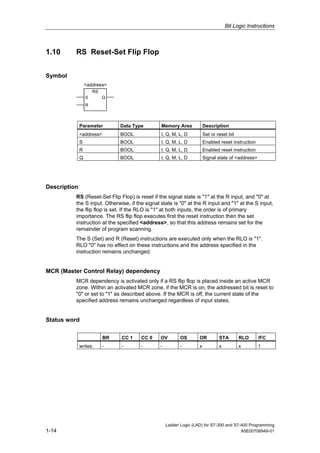 Bit Logic Instructions



1.10      RS Reset-Set Flip Flop


Symbol
                  <address>
                      RS
                  S        Q
                  R



              Parameter         Data Type       Memory Area             Description
              <address>         BOOL            I, Q, M, L, D           Set or reset bit
              S                 BOOL            I, Q, M, L, D           Enabled reset instruction
              R                 BOOL            I, Q, M, L, D           Enabled reset instruction
              Q                 BOOL            I, Q, M, L, D           Signal state of <address>




Description
          RS (Reset-Set Flip Flop) is reset if the signal state is "1" at the R input, and "0" at
          the S input. Otherwise, if the signal state is "0" at the R input and "1" at the S input,
          the flip flop is set. If the RLO is "1" at both inputs, the order is of primary
          importance. The RS flip flop executes first the reset instruction then the set
          instruction at the specified <address>, so that this address remains set for the
          remainder of program scanning.
          The S (Set) and R (Reset) instructions are executed only when the RLO is "1".
          RLO "0" has no effect on these instructions and the address specified in the
          instruction remains unchanged.


MCR (Master Control Relay) dependency
          MCR dependency is activated only if a RS flip flop is placed inside an active MCR
          zone. Within an activated MCR zone, if the MCR is on, the addressed bit is reset to
          "0" or set to "1" as described above. If the MCR is off, the current state of the
          specified address remains unchanged regardless of input states.


Status word

                           BR   CC 1    CC 0    OV         OS       OR          STA        RLO      /FC
              writes:      -    -       -       -          -        x           x          x        1




                                                    Ladder Logic (LAD) for S7-300 and S7-400 Programming
1-14                                                                                     A5E00706949-01
 