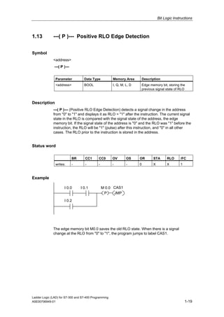Bit Logic Instructions



1.13          ---( P )--- Positive RLO Edge Detection


Symbol
              <address>
               ---( P )---


               Parameter            Data Type          Memory Area         Description
               <address>            BOOL               I, Q, M, L, D       Edge memory bit, storing the
                                                                           previous signal state of RLO



Description
              ---( P )--- (Positive RLO Edge Detection) detects a signal change in the address
              from "0" to "1" and displays it as RLO = "1" after the instruction. The current signal
              state in the RLO is compared with the signal state of the address, the edge
              memory bit. If the signal state of the address is "0" and the RLO was "1" before the
              instruction, the RLO will be "1" (pulse) after this instruction, and "0" in all other
              cases. The RLO prior to the instruction is stored in the address.


Status word

                             BR      CC1     CC0       OV       OS     OR         STA       RLO     /FC
               writes:       -       -       -         -        -      0          X         X       1



Example

                      I 0.0       I 0.1          M 0.0 CAS1
                                                  P    JMP

                      I 0.2




              The edge memory bit M0.0 saves the old RLO state. When there is a signal
              change at the RLO from "0" to "1", the program jumps to label CAS1.




Ladder Logic (LAD) for S7-300 and S7-400 Programming
A5E00706949-01                                                                                          1-19
 