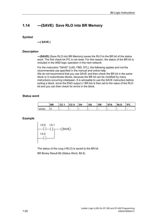 Bit Logic Instructions



1.14      ---(SAVE) Save RLO into BR Memory


Symbol
          ---( SAVE )


Description
          ---(SAVE) (Save RLO into BR Memory) saves the RLO to the BR bit of the status
          word. The first check bit /FC is not reset. For this reason, the status of the BR bit is
          included in the AND logic operation in the next network.
          For the instruction "SAVE" (LAD, FBD, STL), the following applies and not the
          recommended use specified in the manual and online help:
          We do not recommend that you use SAVE and then check the BR bit in the same
          block or in subordinate blocks, because the BR bit can be modified by many
          instructions occurring inbetween. It is advisable to use the SAVE instruction before
          exiting a block, since the ENO output (= BR bit) is then set to the value of the RLO
          bit and you can then check for errors in the block.


Status word

                        BR      CC 1   CC 0    OV         OS       OR       STA       RLO      /FC
              writes:   X       -      -       -          -        -        -         -        -



Example

               I 0.0    I 0.1
                                    SAVE
               I 0.2




          The status of the rung (=RLO) is saved to the BR bit.
          BR Binary Result Bit (Status Word, Bit 8)




                                                   Ladder Logic (LAD) for S7-300 and S7-400 Programming
1-20                                                                                    A5E00706949-01
 