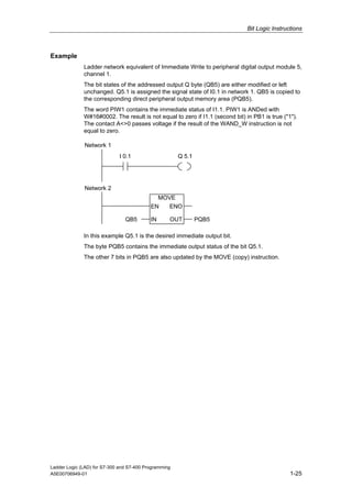 Bit Logic Instructions



Example
              Ladder network equivalent of Immediate Write to peripheral digital output module 5,
              channel 1.
              The bit states of the addressed output Q byte (QB5) are either modified or left
              unchanged. Q5.1 is assigned the signal state of I0.1 in network 1. QB5 is copied to
              the corresponding direct peripheral output memory area (PQB5).
              The word PIW1 contains the immediate status of I1.1. PIW1 is ANDed with
              W#16#0002. The result is not equal to zero if I1.1 (second bit) in PB1 is true ("1").
              The contact A<>0 passes voltage if the result of the WAND_W instruction is not
              equal to zero.

              Network 1
                             I 0.1                     Q 5.1




              Network 2
                                             MOVE
                                           EN   ENO

                                QB5        IN      OUT         PQB5

              In this example Q5.1 is the desired immediate output bit.
              The byte PQB5 contains the immediate output status of the bit Q5.1.
              The other 7 bits in PQB5 are also updated by the MOVE (copy) instruction.




Ladder Logic (LAD) for S7-300 and S7-400 Programming
A5E00706949-01                                                                                  1-25
 