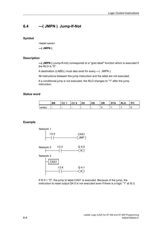 Logic Control Instructions



6.4       ---( JMPN ) Jump-If-Not


Symbol
          <label name>
          ---( JMPN )


Description
          ---( JMPN ) (Jump-If-not) corresponds to a "goto label" function which is executed if
          the RLO is "0".
          A destination (LABEL) must also exist for every ---( JMPN ).
          All instructions between the jump instruction and the label are not executed.
          If a conditional jump is not executed, the RLO changes to "1" after the jump
          instruction.


Status word

                         BR         CC 1   CC 0     OV         OS       OR       STA      RLO       /FC
              writes:    -          -      -        -          -        0        1        1         0




Example

          Network 1
                        I 0.0                     CAS1
                                                  JMP


          Network 2             I 0.3             Q 4.0
                                                   R
          Network 3

                        CAS1

                                I 0.4             Q 4.1
                                                   R


          If I0.0 = "0", the jump to label CAS1 is executed. Because of the jump, the
          instruction to reset output Q4.0 is not executed even if there is a logic "1" at I0.3.




                                                        Ladder Logic (LAD) for S7-300 and S7-400 Programming
6-4                                                                                          A5E00706949-01
 