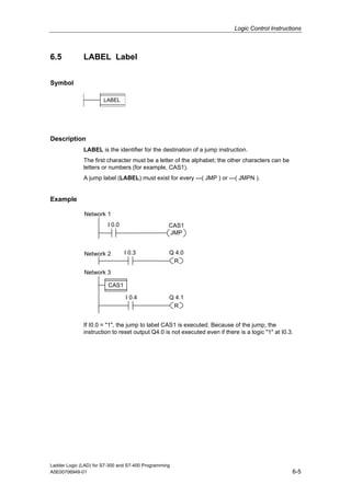Logic Control Instructions



6.5           LABEL Label


Symbol

                       LABEL




Description
              LABEL is the identifier for the destination of a jump instruction.
              The first character must be a letter of the alphabet; the other characters can be
              letters or numbers (for example, CAS1).
              A jump label (LABEL) must exist for every ---( JMP ) or ---( JMPN ).


Example

              Network 1
                         I 0.0                     CAS1
                                                   JMP


              Network 2          I 0.3             Q 4.0
                                                    R
              Network 3

                         CAS1

                                 I 0.4             Q 4.1
                                                    R


              If I0.0 = "1", the jump to label CAS1 is executed. Because of the jump, the
              instruction to reset output Q4.0 is not executed even if there is a logic "1" at I0.3.




Ladder Logic (LAD) for S7-300 and S7-400 Programming
A5E00706949-01                                                                                     6-5
 