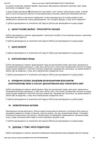 06.05.2017 Перегляд декларації | ЄДИНИЙ ДЕРЖАВНИЙ РЕЄСТР ДЕКЛАРАЦІЙ
https://public.nazk.gov.ua/declaration/062df105­9c53­472e­9799­69b46a297b28 4/7
їм шкоди (наприклад, ювелірні вироби, персональні або домашні електронні пристрої, одяг, твори
мистецтва, антикваріат тощо).
У цьому розділі декларації НЕ декларується таке майно: цінні папери, корпоративні права, готівкові
кошти, кошти на рахунках в банку чи інших фінансових установах, дорогоцінні (банківські) метали.
Якщо рухоме майно є одночасно подарунком, то воно декларується як в цьому розділі (у разі
перевищення зазначеного порогу декларування), так і в розділі "Доходи, у тому числі подарунки".
У суб'єкта декларування чи членів його сім'ї відсутні об'єкти для декларування в цьому розділі
6.   ЦІННЕ РУХОМЕ МАЙНО ­ ТРАНСПОРТНІ ЗАСОБИ
Суб’єкт декларування повинен задекларувати: транспортні засоби та інші самохідні машини і механізми
незалежно від їх вартості.
У суб'єкта декларування чи членів його сім'ї відсутні об'єкти для декларування в цьому розділі
7.   ЦІННІ ПАПЕРИ
У суб'єкта декларування чи членів його сім'ї відсутні об'єкти для декларування в цьому розділі
8.   КОРПОРАТИВНІ ПРАВА
Суб’єкт декларування повинен задекларувати: будь­які корпоративні права, крім акцій, зазначених в
попередньому розділі декларації, у тому числі частки (паї) у статутному (складеному) капіталі чи в будь­
якому іншому еквіваленті статутного капіталу товариства, підприємства, організації, що зареєстровані в
Україні або за кордоном, у тому числі пайові внески в кредитній спілці.
У суб'єкта декларування чи членів його сім'ї відсутні об'єкти для декларування в цьому розділі
9.   ЮРИДИЧНІ ОСОБИ, КІНЦЕВИМ БЕНЕФІЦІАРНИМ ВЛАСНИКОМ
(КОНТРОЛЕРОМ) ЯКИХ Є СУБ’ЄКТ ДЕКЛАРУВАННЯ АБО ЧЛЕНИ ЙОГО СІМ’Ї
Суб’єкт декларування повинен задекларувати: будь­які корпоративні права, крім акцій, зазначених в
попередньому розділі декларації, у тому числі частки (паї) у статутному (складеному) капіталі чи в будь­
якому іншому еквіваленті статутного капіталу товариства, підприємства, організації, що зареєстровані в
Україні або за кордоном, у тому числі пайові внески в кредитній спілці.
У суб'єкта декларування чи членів його сім'ї відсутні об'єкти для декларування в цьому розділі
10.   НЕМАТЕРІАЛЬНІ АКТИВИ
Нематеріальні активи включають: об’єкти права інтелектуальної власності, що можуть бути оцінені в
грошовому еквіваленті (право на винахід, корисну модель, ноу­хау, промисловий зразок, топографії
інтегральної мікросхеми, сорт рослин, торгову марку чи комерційне найменування, авторське право
тощо), право на використання надр чи інших природних ресурсів, інше.
У суб'єкта декларування чи членів його сім'ї відсутні об'єкти для декларування в цьому розділі
11.   ДОХОДИ, У ТОМУ ЧИСЛІ ПОДАРУНКИ
Суб’єкт декларування повинен зазначити отриманий (нарахований) дохід упродовж звітного періоду.
 