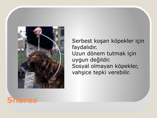 Snares
Serbest koşan köpekler için
faydalıdır.
Uzun dönem tutmak için
uygun değildir.
Sosyal olmayan köpekler,
vahşice tepki verebilir.
 