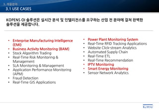 3.1 USE CASES
3. 적용분야
KOPENS OI 솔루션은 실시간 분석 및 인텔리전스를 요구하는 산업 전 분야에 걸쳐 완벽한
솔루션을 제공합니다.
• Enterprise Manufacturing Intelligence
(EMI)
• Business Activity Monitoring (BAM)
• Stock Algorithm Trading
• Real-Time Risk Monitoring &
Management
• SLA Monitoring & Management
• Application Performance Monitoring
(APM)
• Fraud Detection
• Real-Time GIS Applications
• Power Plant Monitoring System
• Real-Time RFID Tracking Applications
• Website Click-stream Analytics
• Automated Supply Chain
• Real-Time ETL
• Real-Time Recommendation
• IPTV Monitoring
• Smart Energy Monitoring
• Sensor Network Analytics
 