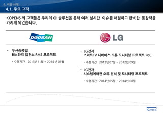 4.1. 주요 고객
4. 적용 사례
KOPENS 의 고객들은 우리의 OI 솔루션을 통해 여러 실시간 이슈를 해결하고 완벽한 통찰력을
가지게 되었습니다.
• 두산중공업
Bio 화력 발전소 RMS 프로젝트
- 수행기간 : 2013년11월 ~ 2014년 03월
• LG전자
스마트TV 디바이스 오류 모니터링 프로젝트 PoC
- 수행기간 : 2012년07월 ~ 2012년 09월
• LG전자
시스템에어컨 오류 분석 및 모니터링 프로젝트
- 수행기간 : 2014년05월 ~ 2014년 08월
 