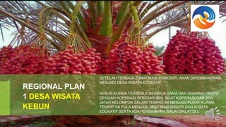 SETELAH TERBAGI ZONAFIKASI KOMODITI, AKAN DIKEMBANGKAN
MENJADI DESA WISATA EDUKATIF
KEBUN KURMA TERSEBUT BEKERJA SAMA DAN SHARING PROFIT
DENGAN KOPERASI SEBESAR 80% BUAT KOPERASI DAN 20%
JATAH KELOMPOK.SELAIN TEMPAT INI MENJADI PUSAT KURMA
TEMPAT INI PULA MENJADI DESTINASI WISATA DAN WISATA
EDUKATIF SERTA ADA PENGINAPAN, BALAI DIKLAT DLL
REGIONAL PLAN
1 DESA WISATA
KEBUN
 