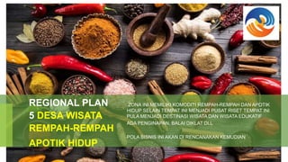 ZONA INI MEMILIKI KOMODITI REMPAH-REMPAH DAN APOTIK
HIDUP SELAIN TEMPAT INI MENJADI PUSAT RISET TEMPAT INI
PULA MENJADI DESTINASI WISATA DAN WISATA EDUKATIF
ADA PENGINAPAN, BALAI DIKLAT DLL
POLA BISNIS INI AKAN DI RENCANAKAN KEMUDIAN
REGIONAL PLAN
5 DESA WISATA
REMPAH-REMPAH
APOTIK HIDUP
 