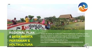 ZONA INI MEMILIKI KOMODITI PERTANIAN DAN HORTIIKULTURA
SELAIN TEMPAT INI MENJADI PUSAT PERTANIAN TEMPAT INI PULA
MENJADI DESTINASI WISATA DAN WISATA EDUKATIF
ADA PENGINAPAN, BALAI DIKLAT DLL
DAN PROFIT SHARING AKAN DI RENCANAKAN KEMUDIAN
REGIONAL PLAN
4 DESA WISATA
PERTANIAN &
HOLTIKULTURA
 