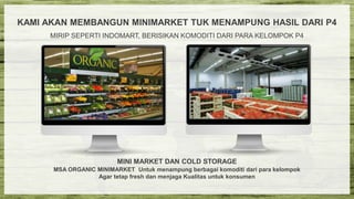 KAMI AKAN MEMBANGUN MINIMARKET TUK MENAMPUNG HASIL DARI P4
MIRIP SEPERTI INDOMART, BERISIKAN KOMODITI DARI PARA KELOMPOK P4
MINI MARKET DAN COLD STORAGE
MSA ORGANIC MINIMARKET Untuk menampung berbagai komoditi dari para kelompok
Agar tetap fresh dan menjaga Kualitas untuk konsumen
 