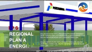 REGIONAL
PLAN A
ENERGI
DALAM KEGIATAN AWAL PROGRAM-PROGRAM TERSEBUT
AKAN TERBAGI MENJADI BEBERAPA KORIDOR BISNIS YANG
SALING BERHUBUNGAN SATU DENGAN YANG LAIN.
SALING MENDUKUNG SATU DENGAN YANG LAIN, SALING
JAGA SATU SAMA LAIN, SALING SEMANGAT SATU DENGAN
YANG LAIN
 
