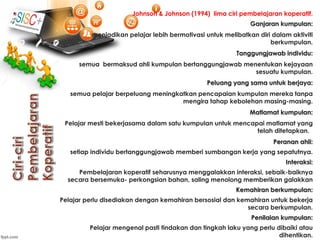Johnson & Johnson (1994) lima ciri pembelajaran koperatif.
Ganjaran kumpulan:
menjadikan pelajar lebih bermotivasi untuk melibatkan diri dalam aktiviti
berkumpulan.
Tanggungjawab individu:
semua bermaksud ahli kumpulan bertanggungjawab menentukan kejayaan
sesuatu kumpulan.
Peluang yang sama untuk berjaya:
semua pelajar berpeluang meningkatkan pencapaian kumpulan mereka tanpa
mengira tahap kebolehan masing-masing.
Matlamat kumpulan:
Pelajar mesti bekerjasama dalam satu kumpulan untuk mencapai matlamat yang
telah ditetapkan.
Peranan ahli:
setiap individu bertanggungjawab memberi sumbangan kerja yang sepatutnya.
Interaksi:
Pembelajaran koperatif seharusnya menggalakkan interaksi, sebaik-baiknya
secara bersemuka- perkongsian bahan, saling menolong memberikan galakkan
Kemahiran berkumpulan:
Pelajar perlu disediakan dengan kemahiran bersosial dan kemahiran untuk bekerja
secara berkumpulan.
Penilaian kumpulan:
Pelajar mengenal pasti tindakan dan tingkah laku yang perlu dibaiki atau
dihentikan.
 