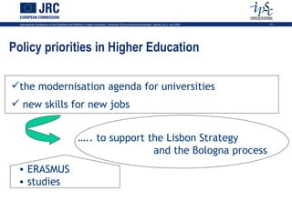 International Conference on the Potential of ePortfolios in Higher Education, University of Economics and Business, Vienna, on 2 July 2009   17




Policy priorities in Higher Education

the modernisation agenda for universities
 new skills for new jobs


                                                    ….. to support the Lisbon Strategy
                                                                    and the Bologna process
 • ERASMUS
 • studies
 