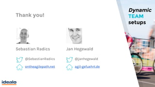 Thank you!
Sebastian Radics Jan Hegewald
Dynamic
TEAM
setups
agil-gefuehrt.deontheagilepath.net
@janhegewald@SebastianRadics
 