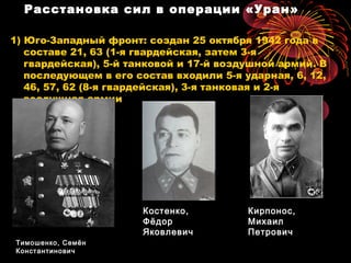 Расстановка сил в операции «Уран»
1) Юго-Западный фронт: создан 25 октября 1942 года в
составе 21, 63 (1-я гвардейская, затем 3-я
гвардейская), 5-й танковой и 17-й воздушной армий. В
последующем в его состав входили 5-я ударная, 6, 12,
46, 57, 62 (8-я гвардейская), 3-я танковая и 2-я
воздушная армии
Тимошенко, Семён
Константинович
Костенко,
Фёдор
Яковлевич
Кирпонос,
Михаил
Петрович
 