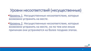 Уровень 1. Несущественные несоответствия, которые 
возможно устранить на месте. 
Уровень 2. Несущественные несоответствия, которые 
возможно устранить на месте, но по тем или иным 
причинам они устраняются на более поздних этапах. 
8 
Уровни несоответствий (несущественные) 
 