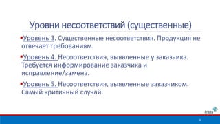 Уровень 3. Существенные несоответствия. Продукция не 
отвечает требованиям. 
Уровень 4. Несоответствия, выявленные у заказчика. 
Требуется информирование заказчика и 
исправление/замена. 
Уровень 5. Несоответствия, выявленные заказчиком. 
Самый критичный случай. 
9 
Уровни несоответствий (существенные) 
 