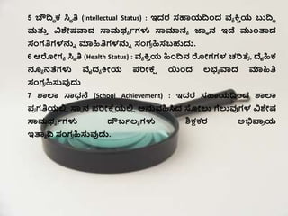 5 ಬೌದ್ಧಿ ಕ್ ಸಿೆ ತಿ (Intellectual Status) : ಇದರ ಸಹಾಯದ್ಧಂದ ವ್ಯ ಕ್ತ
ಿ ಯ ಬುದ್ಧಿ
ಮತು
ಿ ವಿಶೇಷವಾದ ಸ್ಯಮರ್ಯ ಭಗಳು ಸ್ಯಮಾನಯ ಜ್ಞಞ ನ ಇದೆ ಮಂತಾದ
ಸಂಗತಿಗಳನ್ನು ಮಾಹಿತಿಗಳನ್ನು ಸಂಗ
ರ ಹಿಸಬಹುದ್ದ.
6 ಆರೋಗಯ ಸಿೆ ತಿ (Health Status) : ವ್ಯ ಕ್ತ
ಿ ಯ ಹಿಂದ್ಧನ ರೋಗಗಳ ಚರಿತ್ತ
ರ , ದೈಹಿಕ್
ನ್ಯಯ ನತ್ತಗಳು ವೈದಯ ಕ್ತೋಯ ಪರಿೋಕ್ಕ
ೆ ಯಿಂದ ಲ್ಭಯ ವಾದ ಮಾಹಿತಿ
ಸಂಗ
ರ ಹಿಸ್ತವುದ್ದ
7 ಶಾಲಾ ಸ್ಯಧ್ನೆ (School Achievement) : ಇದರ ಸಹಾಯದ್ಧಂದ ಶಾಲಾ
ಪ
ರ ಗತಿಯಲ್ಲ
ಿ ಸ್ಯೆ ನ ಪರಿೋಕ್ಕ
ೆ ಯಲ್ಲ
ಿ ಅನ್ನವ್ಹಿಸಿದ ಸ್ೋಲು ಗೆಲುವುಗಳ ವಿಶೇಷ
ಸ್ಯಮರ್ಯ ಭಗಳು ದೌಬಭಲ್ಯ ಗಳು ಶಿಕ್ಷಕ್ರ ಅಭಿಪಾ
ರ ಯ
ಇತಾಯ ದ್ಧ ಸಂಗ
ರ ಹಿಸ್ತವುದ್ದ.
 