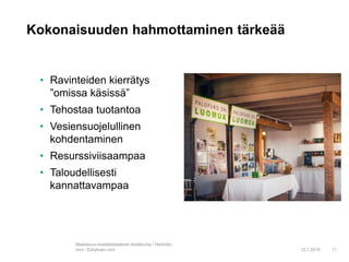 • Ravinteiden kierrätys
”omissa käsissä”
• Tehostaa tuotantoa
• Vesiensuojelullinen
kohdentaminen
• Resurssiviisaampaa
• Taloudellisesti
kannattavampaa
12.1.2016 11
Maatalous-metsätieteellinen tiedekunta / Henkilön
nimi / Esityksen nimi
Kokonaisuuden hahmottaminen tärkeää
 