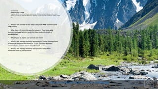 Continental
place on map D areas
Regions of the Earth that have continental climates include Siberia and central
Russia, and much of North America. Siberia, Canada and the northern states of the
US
• What is the climate of this area? They have mild- summers and
cold winters
• Why does it fit into this specific category? They have mild-
summers and cold winters, and they have moderate levels of
precipitation.
• What types of plants and animals are there?
• What is the average monthly temperature? These climates have
an average temperature above 10 °C (50 °F) in their warmest
months, and a coldest month average below −3 °C
• What is the average monthly precipitation? they have
moderate levels of precipitation
•
https://s.iha.com/00121673756/Russia-Siberian-landscape.jpeg
 