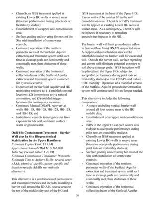 •   ChemOx or ISBS treatment applied at                  ISBS treatment at the base of the Upper HG.
    existing Lower HG wells in source areas              Excess soil will be used as fill in the soil
    (based on performance during pilot tests or          consolidation area. ChemOx or ISBS treatment
    treatability studies);                               will be applied at existing Lower HG wells in
•   Establishment of a capped soil-consolidation         source areas. As a contingency, ChemOx will
    area;                                                be injected if necessary to remediate
•   Surface grading and covering for most of the         groundwater impacts in the HG. .
    Site with installation of storm water
    controls;                                            The barrier wall will limit groundwater inflow
•   Continued operation of the northern                  to (and outflow from) DNAPL-impacted areas.
    perimeter wells of the Surficial Aquifer             A capped soil-consolidation area will be
    extraction and treatment system until such           established inside the barrier-wall for excavated
    time as cleanup goals are consistently and           soil. Outside the barrier wall, surface regrading
    continually met, then shutdown of these              and covers will eliminate potential exposure to
    wells;                                               soil above cleanup goals. ISBS injections will
•   Continued operation of the horizontal                be placed into the Upper HG (subject to
    collection drains of the Surficial Aquifer           acceptable performance during pilot tests or
    extraction and treatment system as needed            treatability studies) to treat DNAPL and reduce
    for hydraulic control;                               COC mobility. Operation of a modified version
•   Expansion of the Surficial Aquifer and HG            of the Surficial Aquifer groundwater extraction
    monitoring network to: (1) establish sentinel        system will continue until it is no longer needed.
    locations; (2) demonstrate active natural
    attenuation, and (3) establish trigger               This alternative includes the following
    locations for contingency measures;                  components:
•   Continued Manual DNAPL recovery at                   •  A single encircling vertical barrier wall
    wells HG-16S, HG-10S, HG-12S, HG-15S,                   around all four source areas to the HG
    and HG-11S; and                                         middle clay;
•   Institutional controls to mitigate risks from        •  Establishment of a capped soil-consolidation
    exposure to Site soil, sediment, surface                area;
    water or groundwater.                                •  ISBS in the Upper HG at each source area
                                                            (subject to acceptable performance during
OnR-5B: Containment/Treatment –Barrier                      pilot tests or treatability studies);
Wall plus In Situ Biogeochemical                         •  ChemOx or ISBS treatment applied at
Stabilization in the Upper Hawthorn                         existing Lower HG wells in source areas
Estimated Capital Cost: $ 18.0M                             (based on acceptable performance during
Approximate Annual OM&M: $ 165,000                          pilot tests or treatability studies);
Total Net Present Value: $ 20.9M                         •  Surface grading and covering for most of the
Estimated Construction Timeframe: 16 months                 Site with installation of storm water
Estimated Time to Achieve RAOs: several years               controls;
ARAR: chemical-specific, action-specific and             •  Continued operation of the northern
location-specific ARARs met with this                       perimeter wells of the Surficial Aquifer
alternative.                                                extraction and treatment system until such
                                                            time as cleanup goals are consistently and
This alternative is a combination of containment            continually met, then shutdown of these
and treatment remedies and includes installing a            wells;
barrier wall around the DNAPL source areas to            •  Continued operation of the horizontal
the top of the middle clay unit of the HG and               collection drains of the Surficial Aquifer
                                                    20
 
