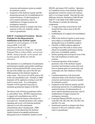 extraction and treatment system as needed               DNAPL and reduce COC mobility. Operation
    for hydraulic control;                                  of a modified version of the Surficial Aquifer
•   Expansion of the Surficial Aquifer and HG               groundwater extraction system will continue
    monitoring network for (1) establishment of             until it is no longer needed. Note that the only
    sentinel locations, (2) demonstration of                difference between Alternatives OnR-5B and
    active natural attenuation, and (3)                     OnR-5C is the depth of the ISBS treatment.
    establishment of trigger locations for                  This alternative includes the following
    contingency measures;                                   components:
•   Institutional controls to mitigate risks from           •   A single encircling vertical barrier wall
    exposure to Site soil, sediment, surface                    around all four source areas to the HG
    water or groundwater.                                       middle clay;
                                                            •   Establishment of a capped soil-consolidation
OnR-5C: Containment/Treatment – Barrier                         area;
Wall plus In Situ Biogeochemical                            •   ISBS in the Surficial Aquifer at each source
Stabilization in the Surficial Aquifer                          area (subject to acceptable performance
Capital Cost and Contingency: $ 18.1M                           during pilot tests or treatability studies);
Annual O&M: $ 181,000                                       •   ChemOx or ISBS treatment applied at
Total Present Worth: $ 21.3M                                    existing Lower HG wells in source areas
Estimated Construction Timeframe: 16 months                     (based on acceptable performance during
Estimated Time to Achieve RAOs: several years                   pilot tests or treatability studies);
ARARs: chemical-specific, action-specific and               •   Surface grading and covering for most of the
location-specific ARARs met with this                           Site with installation of storm water
alternative.                                                    controls;
                                                            •   Continued operation of the northern
This alternative is a combination of containment                perimeter wells of the Surficial Aquifer
and treatment remedies and includes installing a                extraction and treatment system until such
barrier wall around the DNAPL source areas to                   time as cleanup goals are consistently and
the top of the middle clay unit of the HG and                   continually met, then shutdown of these
ISBS treatment of the Surficial Aquifer in                      wells;
source areas. The excess soil will be used as fill          •   Continued operation of the horizontal
in the soil consolidation area. ChemOx or ISBS                  collection drains of the Surficial Aquifer
treatment will be applied at existing Lower HG                  extraction and treatment system as needed
wells in source areas. As a contingency,                        for hydraulic control;
ChemOx will be injected if necessary to                     •   Expansion of the Surficial Aquifer and HG
remediate groundwater impacts in the HG.                        monitoring network for: (1) establishment of
                                                                sentinel locations; (2) demonstration of
The barrier wall will limit groundwater inflow                  active natural attenuation processes; and (3)
to, and outflow from, DNAPL-impacted areas.                     establishment of trigger locations for
A capped soil-consolidation area will be                        contingency measures;
established inside the barrier-wall extents for             •   Continued Manual DNAPL recovery at
excavated soil. Outside the barrier wall, surface               wells HG-16S, HG-10S, HG-12S, HG-15S,
regrading and covers will eliminate potential                   and HG-11S; and
exposure to soil with contaminant                           •   Institutional controls to mitigate risks from
concentrations above cleanup goals. ISBS                        exposure to Site soil, sediment, surface
injections will be placed into the Surficial                    water or groundwater.
Aquifer (based on acceptable performance
during pilot tests or treatability studies) to treat
                                                       21
 