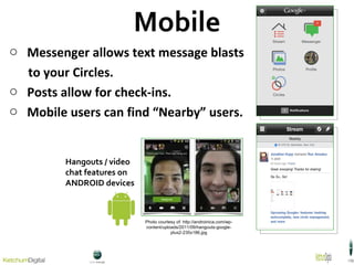 Mobile Messenger allows text message blasts  to your Circles. Posts allow for check-ins.  Mobile users can find “Nearby” users. Hangouts / video  chat features on  ANDROID devices Photo courtesy of: http://androinica.com/wp-content/uploads/2011/09/hangouts-google-plus2-235x186.jpg 