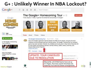G+ : Unlikely Winner In NBA Lockout? UPDATE: TOUR CANCELED DUE TO RESOLUTION Meanwhile, all 30 MLB teams have set up  G+ Pages. And many sports franchises are exploring YouTube live stream arrangements. 