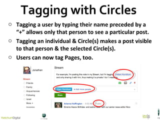 Tagging a user by typing their name preceded by a “+” allows only that person to see a particular post. Tagging an individual & Circle(s) makes a post visible to that person & the selected Circle(s). Users can now tag Pages, too. Tagging with Circles  