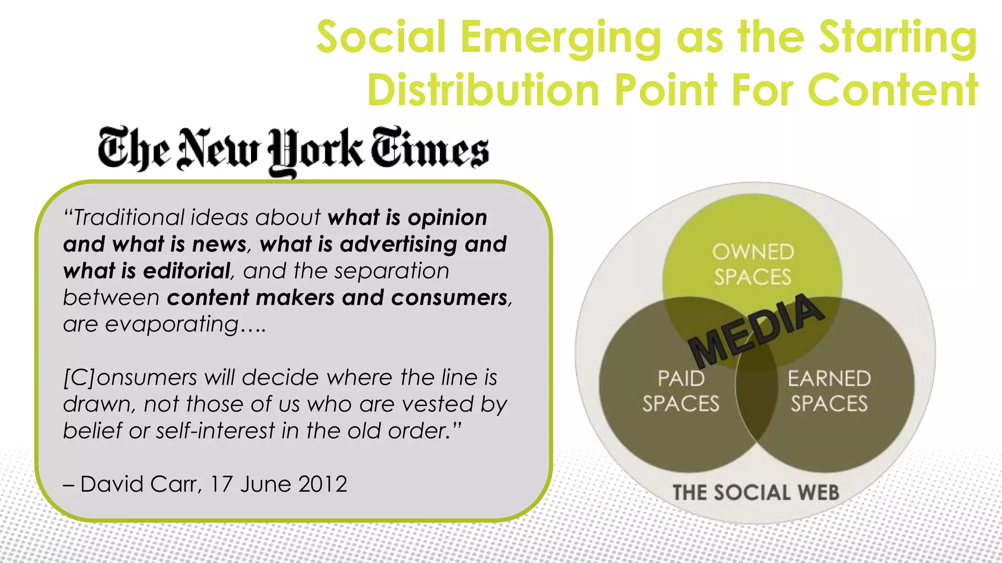 Social Emerging as the Starting
                         Distribution Point For Content

“Traditional ideas about what is opinion
and what is news, what is advertising and
what is editorial, and the separation
between content makers and consumers,
are evaporating….

[C]onsumers will decide where the line is
drawn, not those of us who are vested by
belief or self-interest in the old order.”

– David Carr, 17 June 2012
 