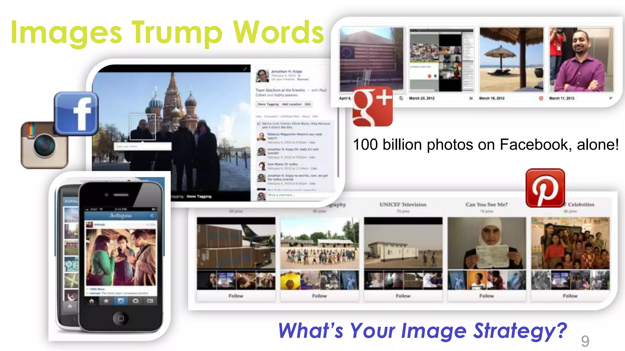 Images Trump Words


                     100 billion photos on Facebook, alone!




               What’s Your Image Strategy?           9
 