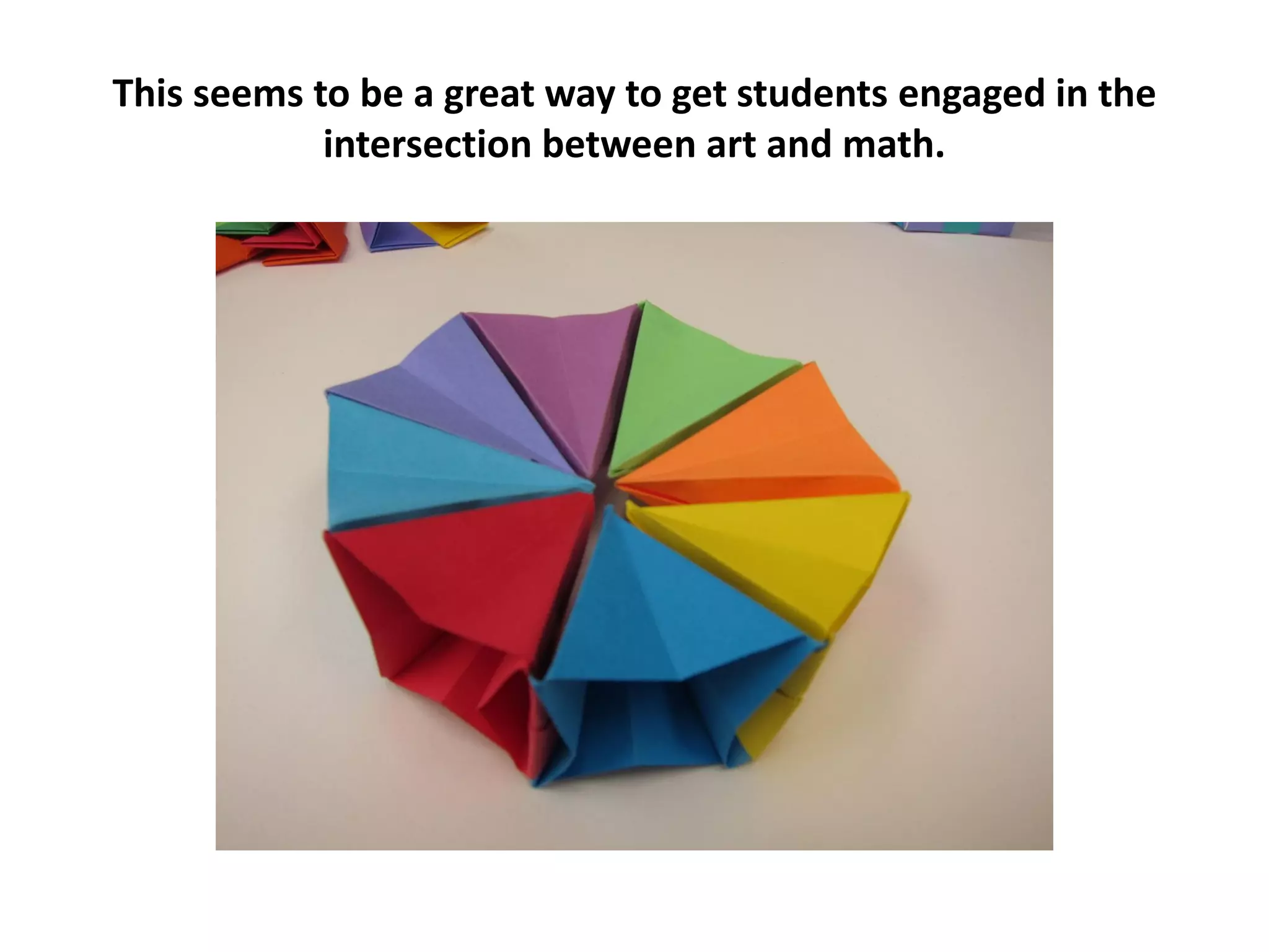This seems to be a great way to get students engaged in the
intersection between art and math.
 