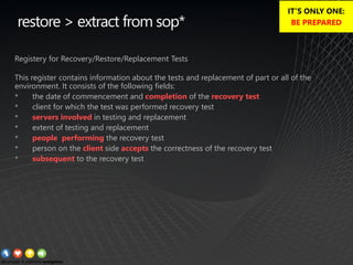 restore > extract from sop*
Registery for Recovery/Restore/Replacement Tests
This register contains information about the tests and replacement of part or all of the
environment. It consists of the following fields:
• the date of commencement and completion of the recovery test
• client for which the test was performed recovery test
• servers involved in testing and replacement
• extent of testing and replacement
• people performing the recovery test
• person on the client side accepts the correctness of the recovery test
• subsequent to the recovery test
IT’S ONLY ONE:
BE PREPARED
 