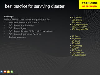 best practice for surviving disaster
Envelope
With ACTUAL!!! User names and passwords for:
• Windows Server Administrator
• SQL Server Administrator
• SQL Server Agent
• SQL Server Services (if You didn’t use default)
• SQL Server Applications Services
• Backup accounts
• SQL_Admin
• SQL_Engine
• SQL_Agent
• SQL_ReportingSRV
• SQL_AnalisysSRV
• SQL_InegrationSRV
• SP_Farm
• SP_Admin
• SP_Crawl
• SP_Install
• SP_WebApp
• SP_User
• SP_Content
• SP_SuperUser
• SP_SuperReader
IT’S ONLY ONE:
BE PREPARED
 