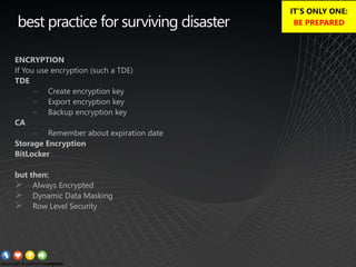 best practice for surviving disaster
ENCRYPTION
If You use encryption (such a TDE)
TDE
− Create encryption key
− Export encryption key
− Backup encryption key
CA
− Remember about expiration date
Storage Encryption
BitLocker
but then:
➢ Always Encrypted
➢ Dynamic Data Masking
➢ Row Level Security
IT’S ONLY ONE:
BE PREPARED
 