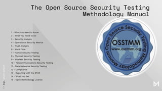 The Open Source Security Testing
Methodology Manual
1 – What You Need to Know
2 – What You Need to Do
3 – Security Analysis
4 – Operational Security Metrics
5 – Trust Analysis
6 – Work Flow
7 - Human Security Testing
8 - Physical Security Testing
9 - Wireless Security Testing
10 - Telecommunications Security Testing
11 - Data Networks Security Testing
12 - Compliance
13 – Reporting with the STAR
14 – What You Get
15 – Open Methodology License
 